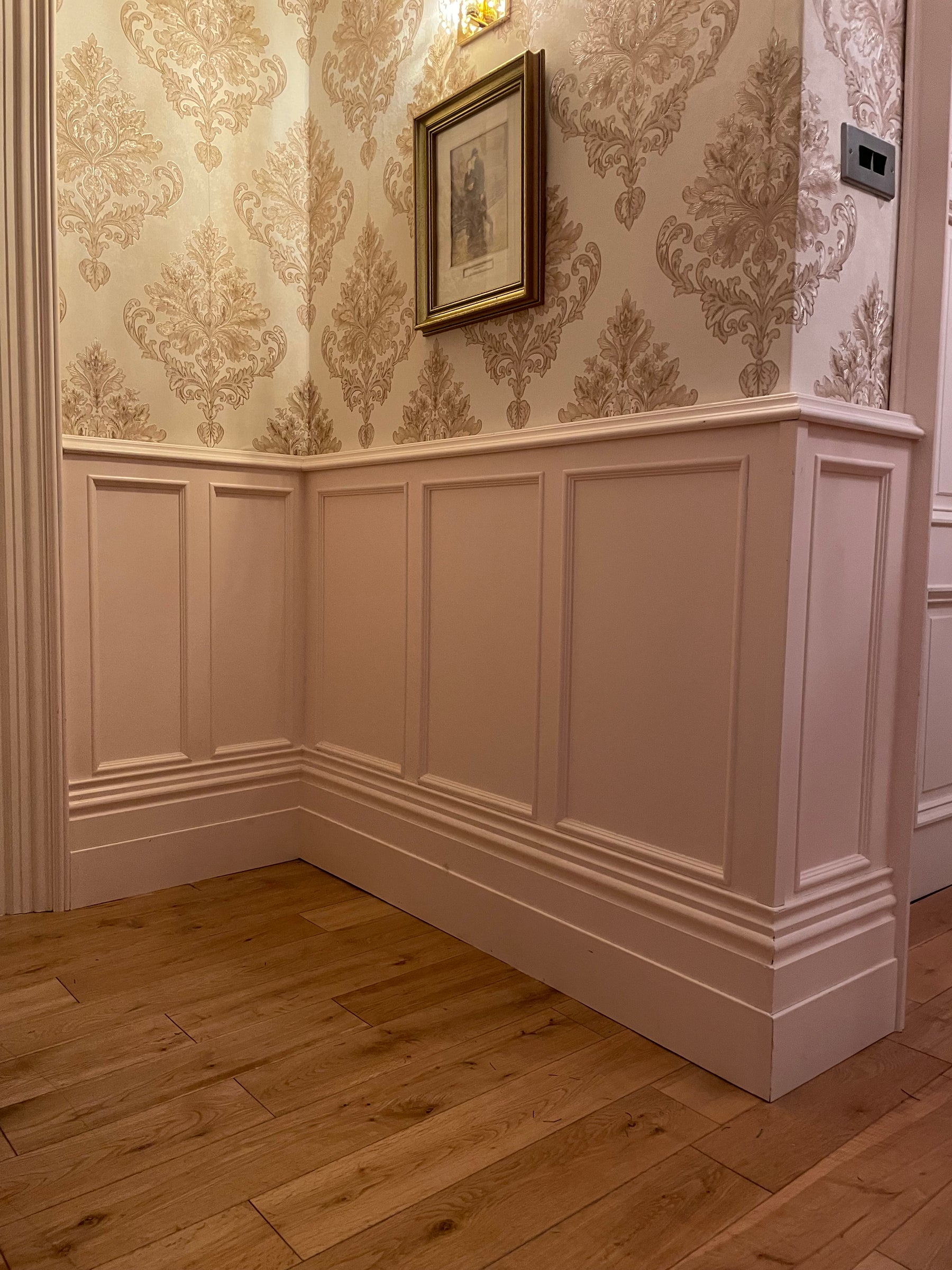 MDF Wall panel kit installed along side a timber dado rail and timber skirting board