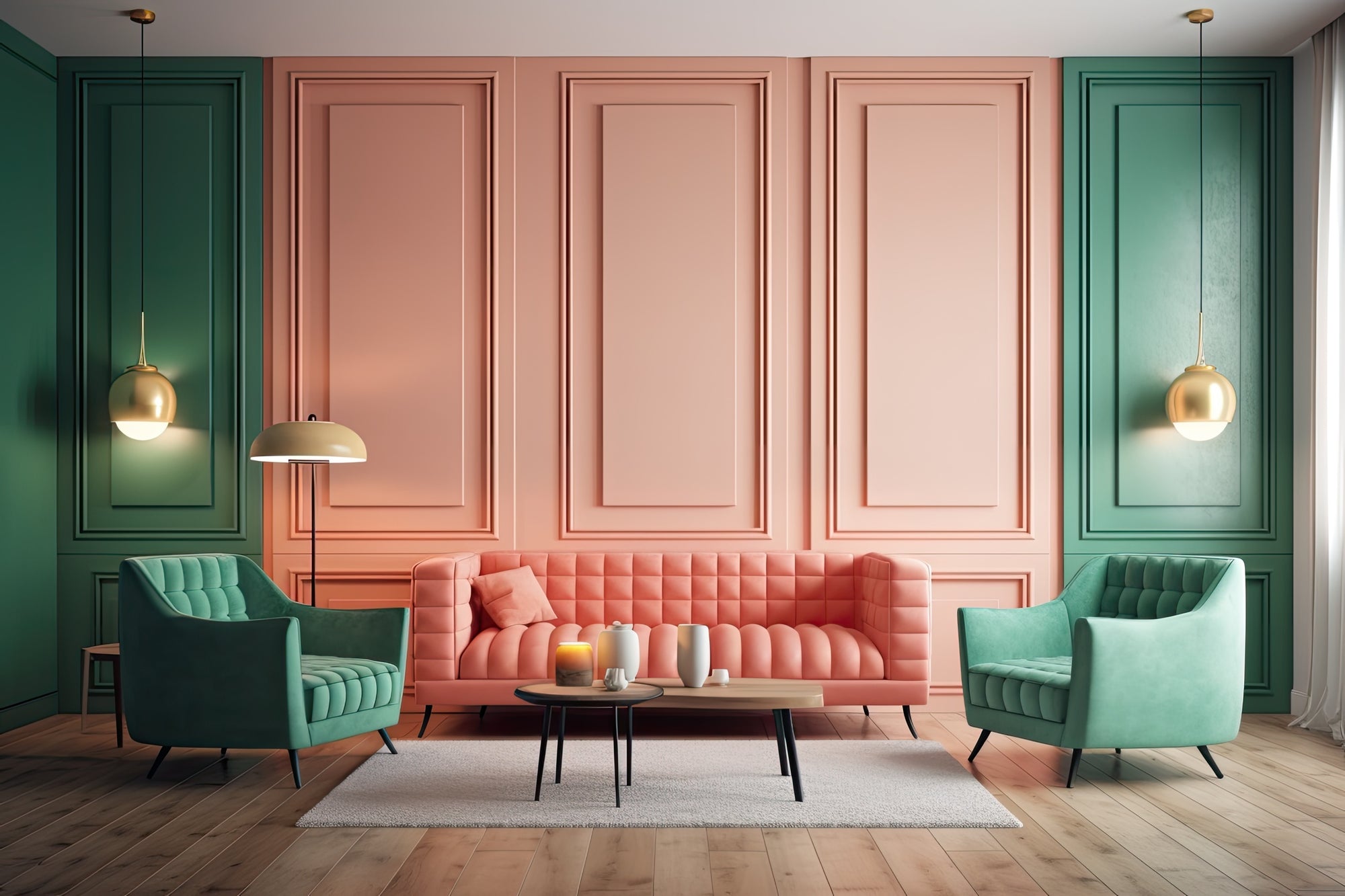 Modern living room with a stylish, colorful design featuring Panel bead paneling. The walls are divided into sections with peach and green panels, creating a striking visual contrast. The room includes a peach-colored tufted sofa, two green armchairs, and a low coffee table on a light area rug. Two gold pendant lights and a standing floor lamp provide warm lighting, enhancing the cozy atmosphere of the space